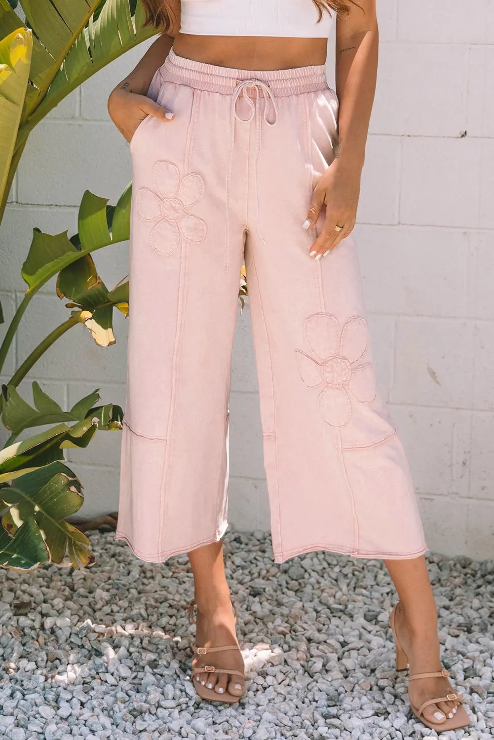 Pink Flower Patch Mineral Washed Terry Knit Cropped Wide Leg Pants Love Salve